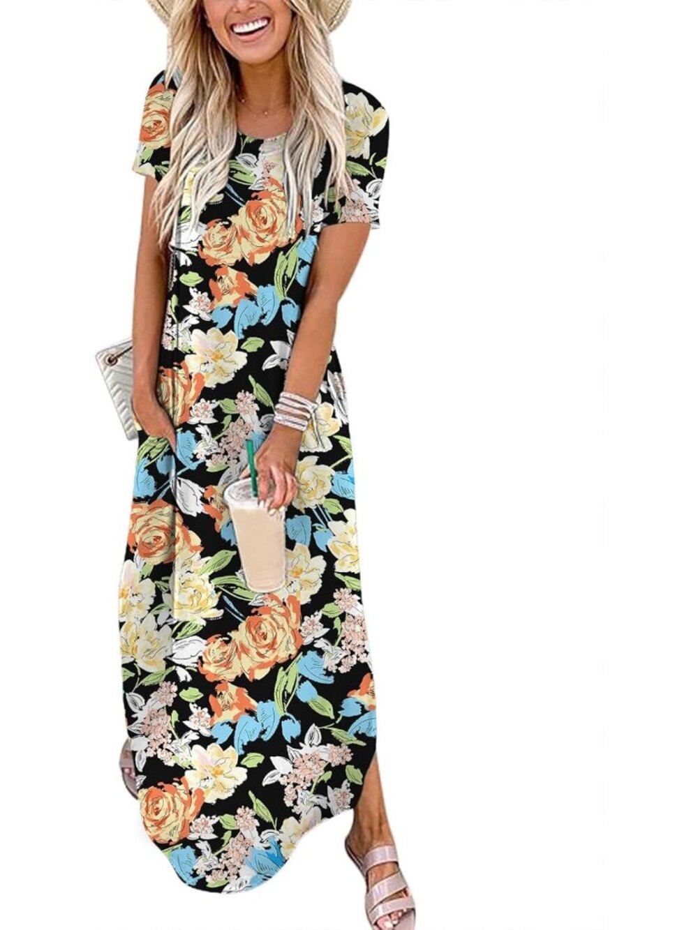 Women's Floral Orange Yellow Summer Maxi Dress Short Sleeve Casual Split T Shirt